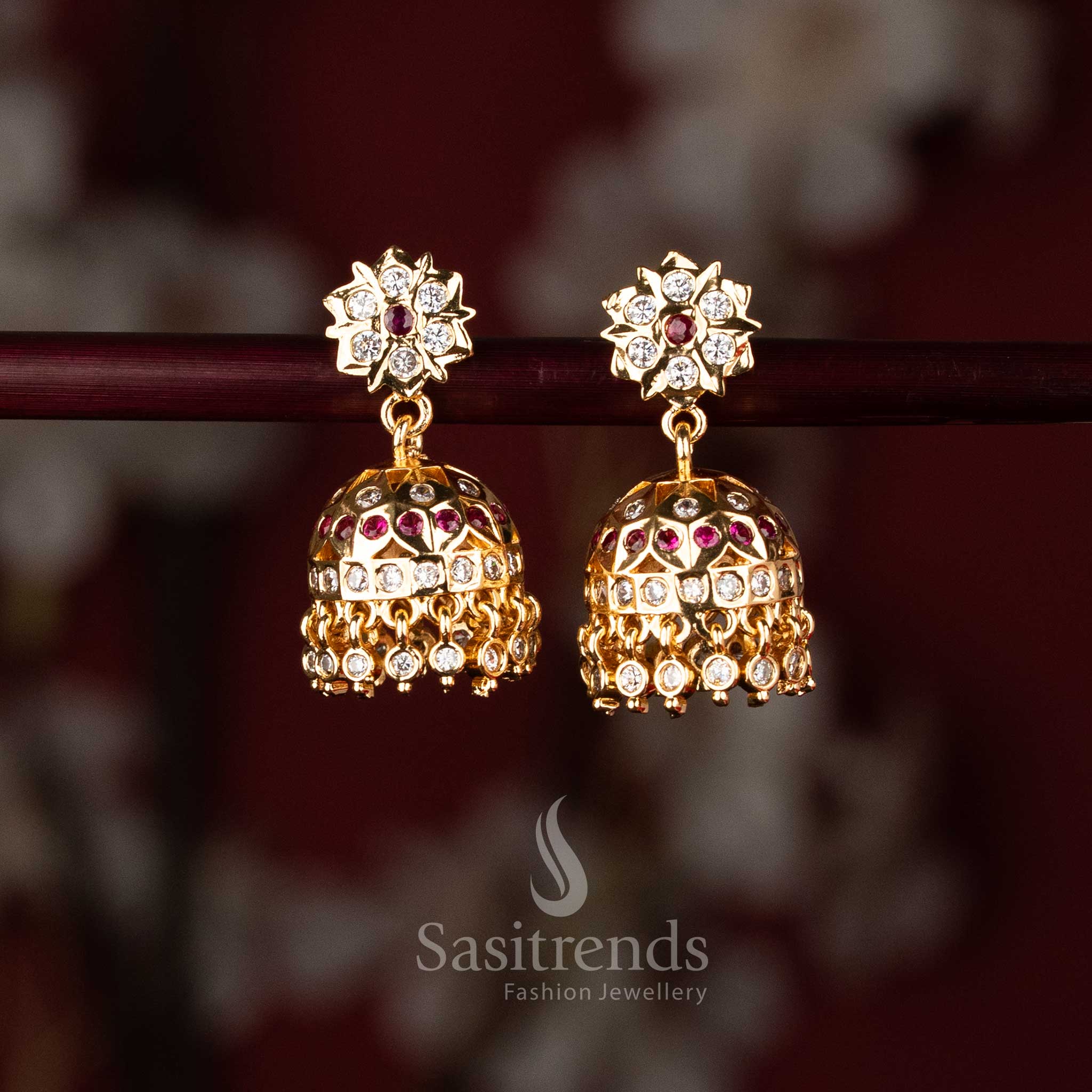  American Diamond studded micro gold plated Jhumka earrings - Sasitrends