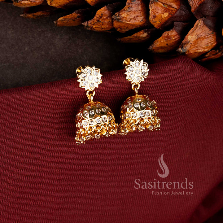 Traditional starburst gold Jhumkas with faceted stone bells for weddings - Sasitrends