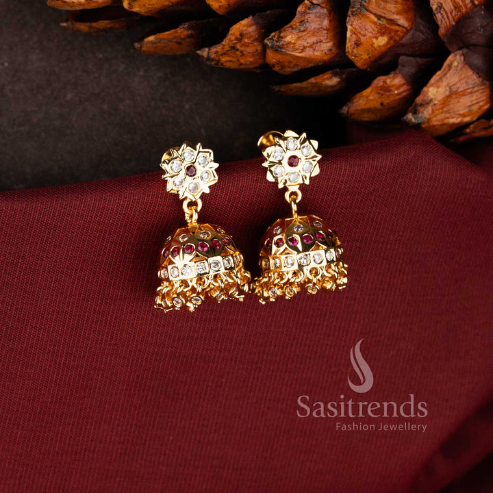 Traditional starburst gold Jhumkas with faceted stone bells for weddings - Sasitrends