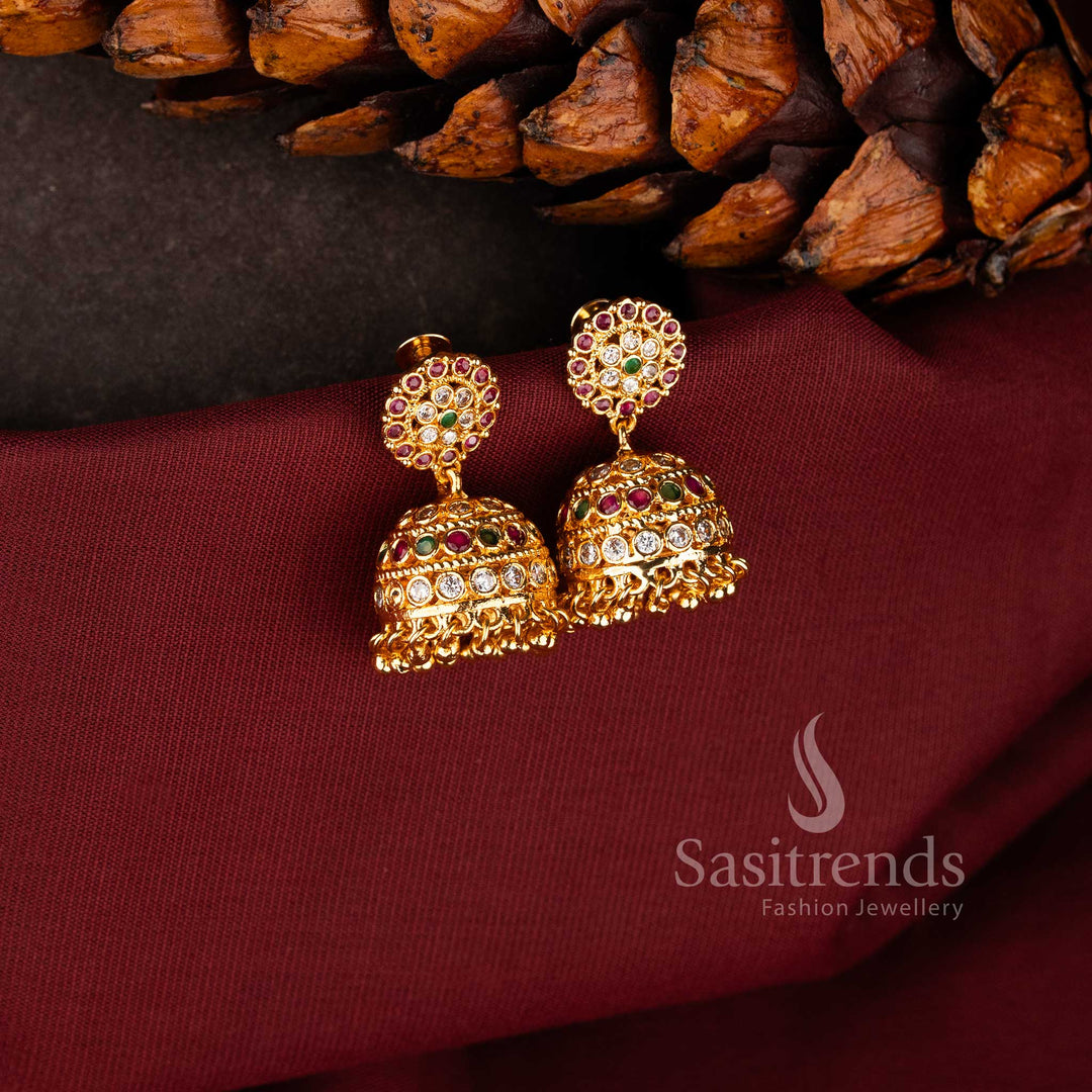 Impon micro gold plated Floral Dome Jhumka earrings with American Diamond clusters 