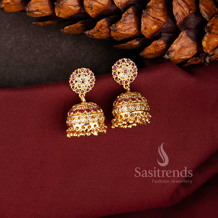 Impon micro gold plated Floral Dome Jhumka earrings with American Diamond clusters - Sasitrends