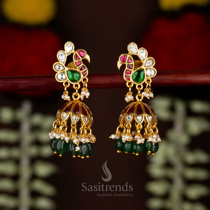 24K Gold Plated Jadau Bugadi Peacock Jhumka Kundan Stone Earrings