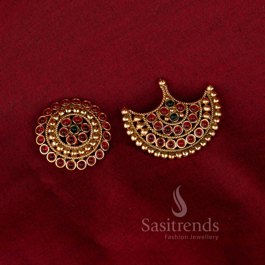 Traditional Bridal Antique Gold Plated Ruby Green Stone Sun and Moon Bridal Jadai Billai Fixed Through Hair - Sasitrends