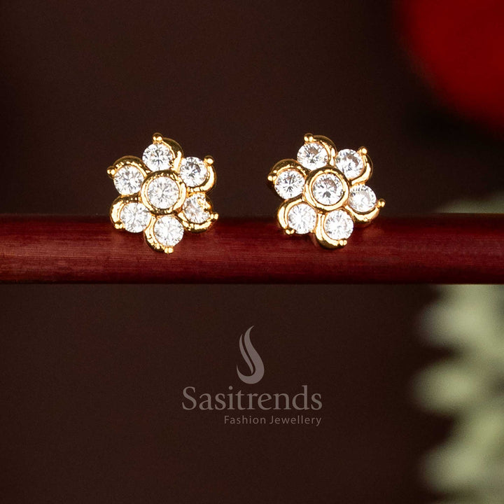 Traditional Impon Addigai One Gram Micro Gold Plated AD Stone Six-Petaled Flower Design Stud Earrings