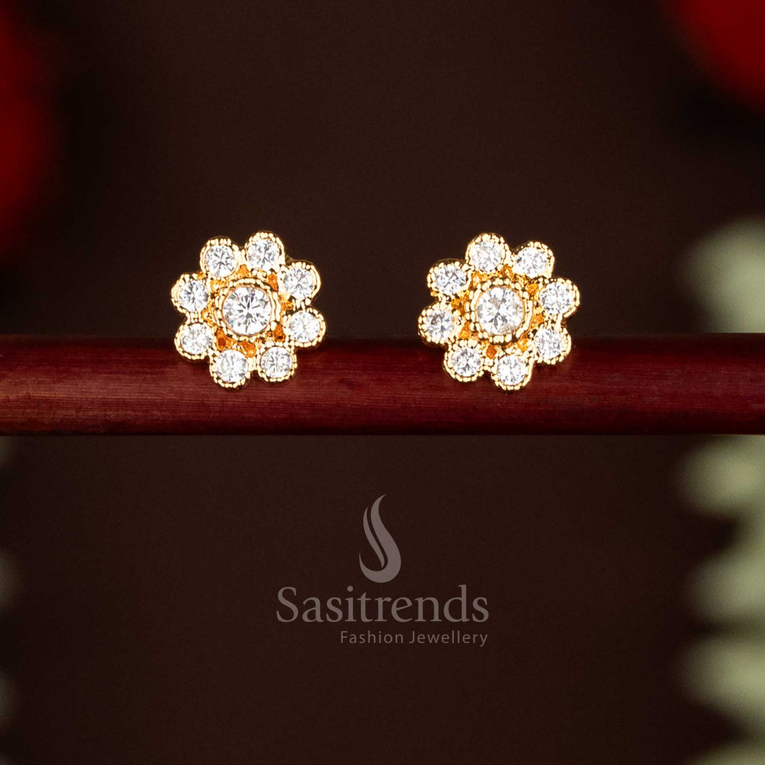 Guaranteed Impon Addigai One gram Micro Gold Plated white AD Stone Multi-Petaled Floral Stud Earrings - Sasitrends