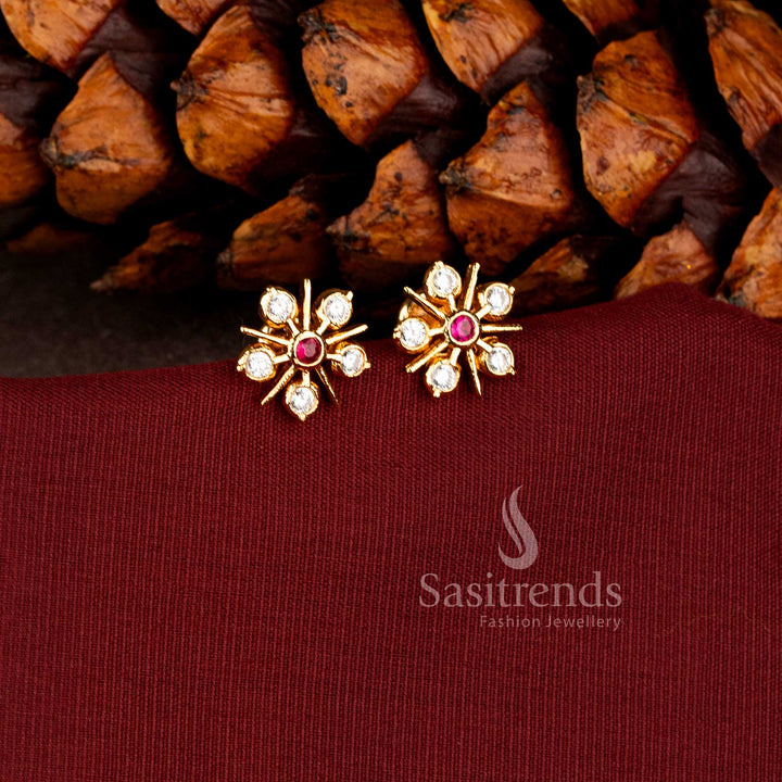 Impon micro gold plated flower stud earrings with AD sparkle - Sasitrends 