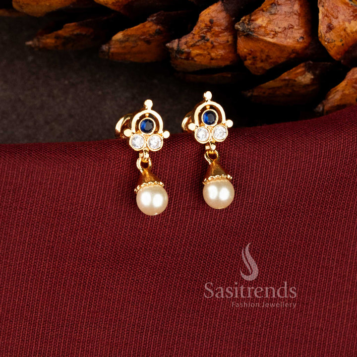 Impon micro gold plated triple stone earrings with pearl drop - Sasitrends