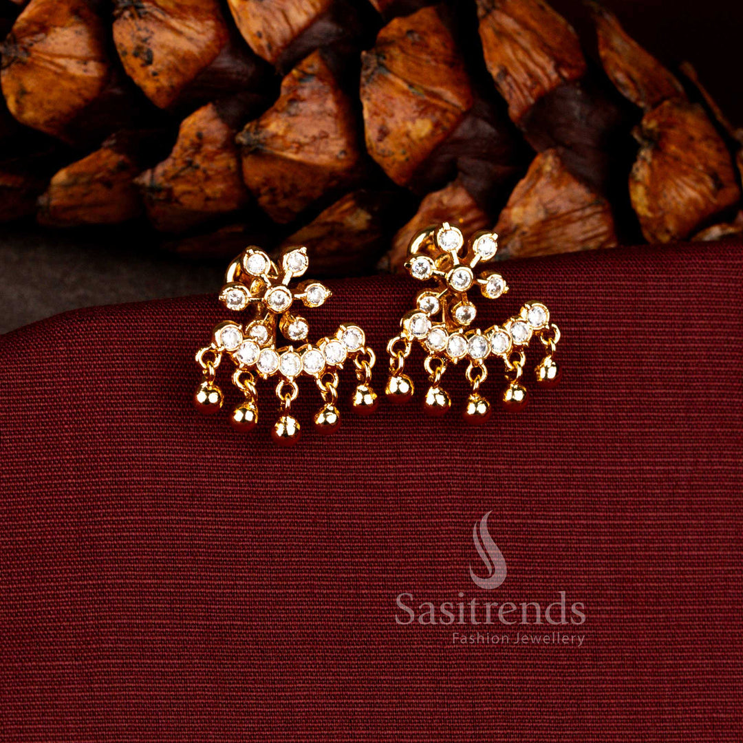 Traditional Impon micro gold plated earrings in white featuring AD stone floral chandbali drop with rich 24K real gold look finish – Sasitrends