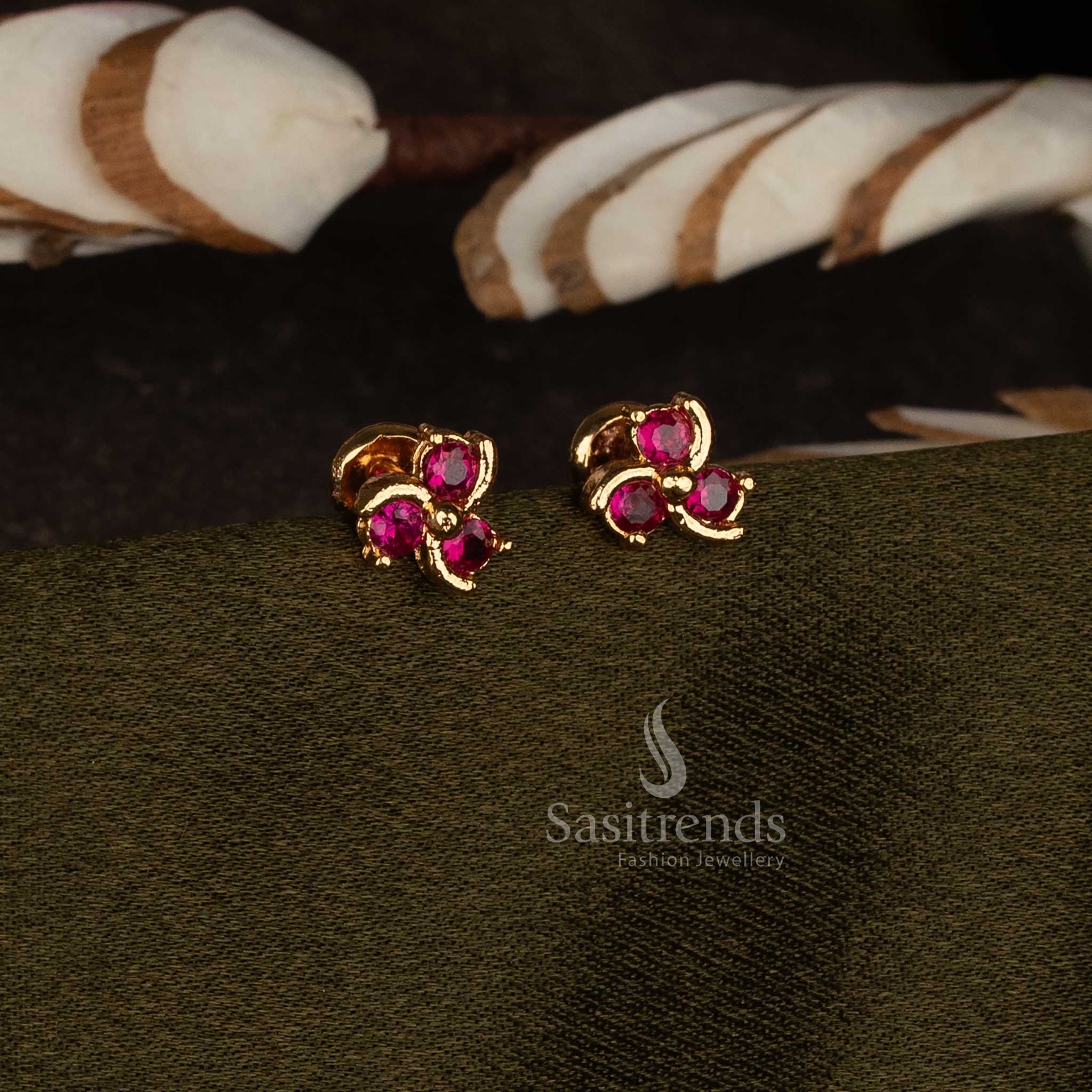 Sasitrends elegant triple petal motif stud earrings Impon micro gold plated ruby traditional jewellery design