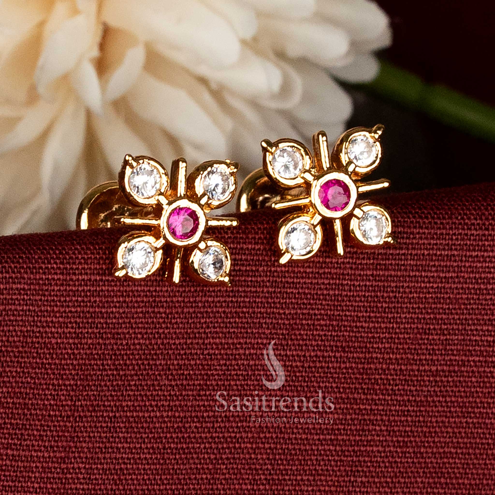 Impon addigai micro gold plated floral stud earrings with white ruby square stones, elegant design for saree and ethnic ceremony styling - Sasitrends