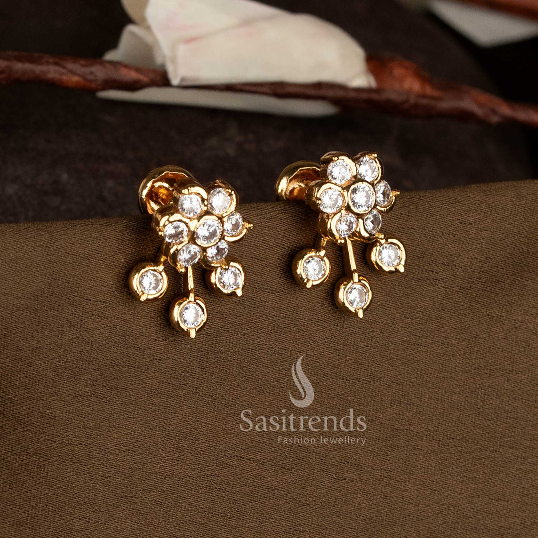 Impon Addigai micro gold plated floral hanging stud earrings by Sasitrends featuring white American Diamond detailing, 24k pure gold plating and traditional screw back design