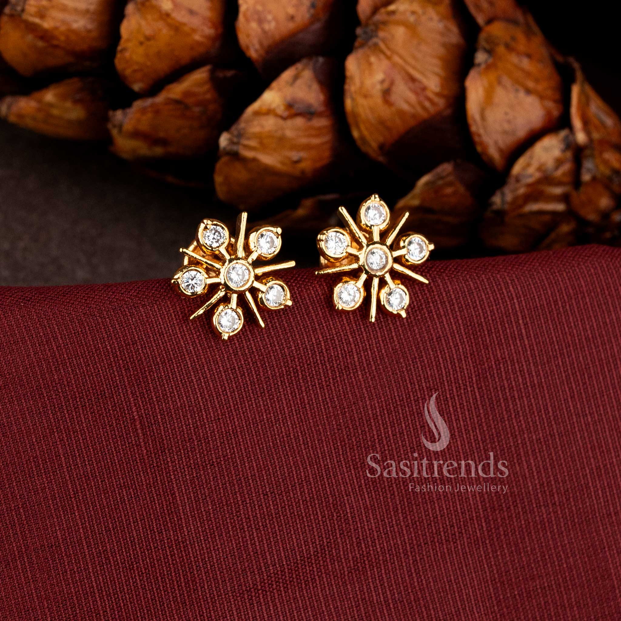 Impon micro gold plated flower stud earrings with AD sparkle - Sasitrends 