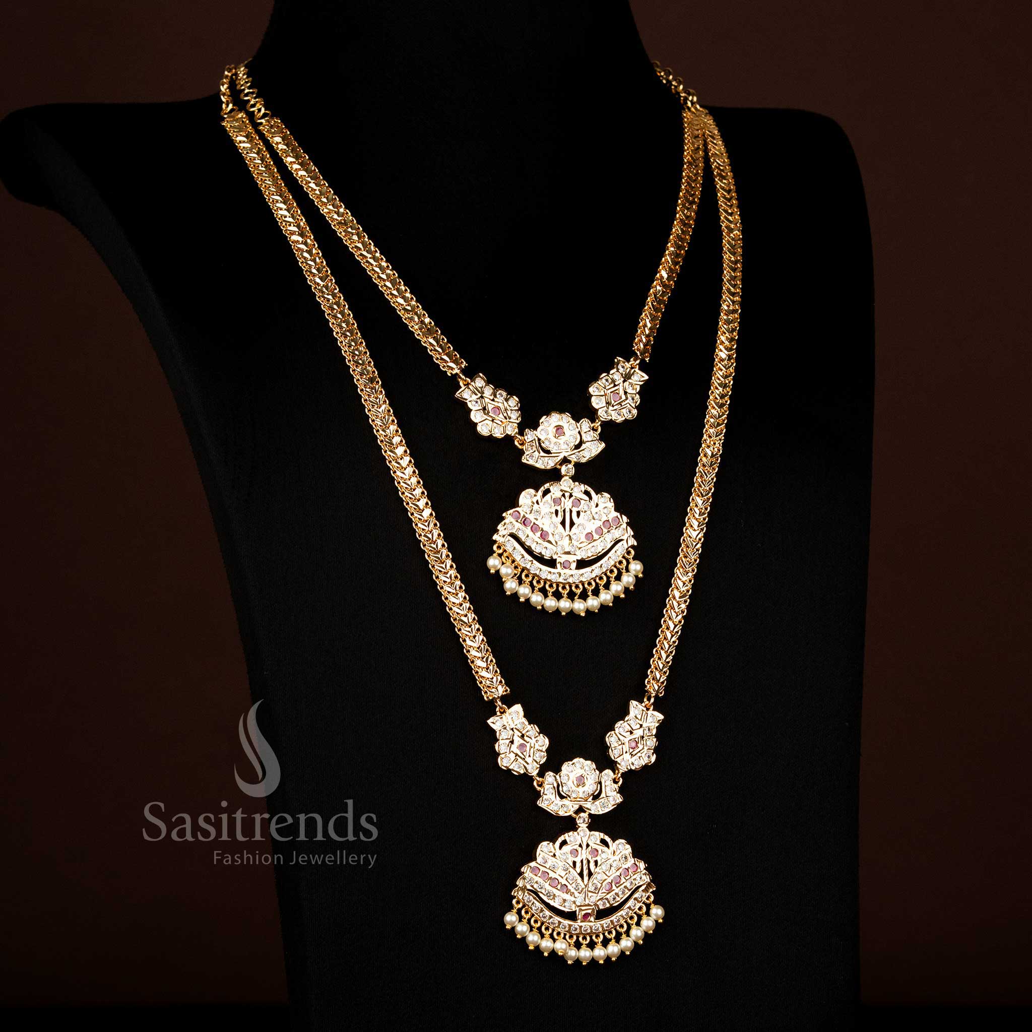 Radiant guaranteed impon micro gold plated lotus long short necklace combo showcasing bridal grace and festive glow - Sasitrends