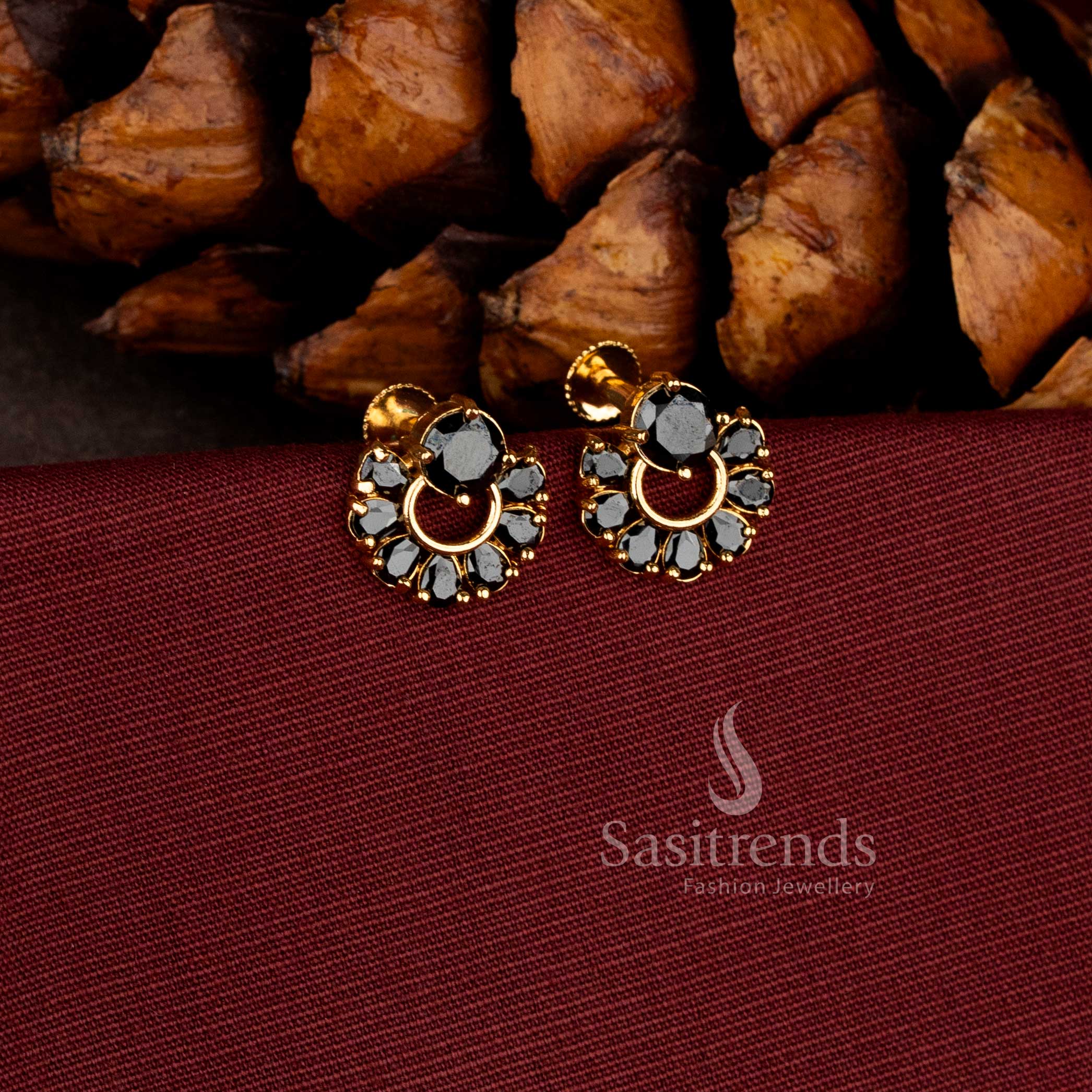 Exquisite micro gold plated black circular stone stud earrings combining twin tone charm for festive wear - Sasitrends