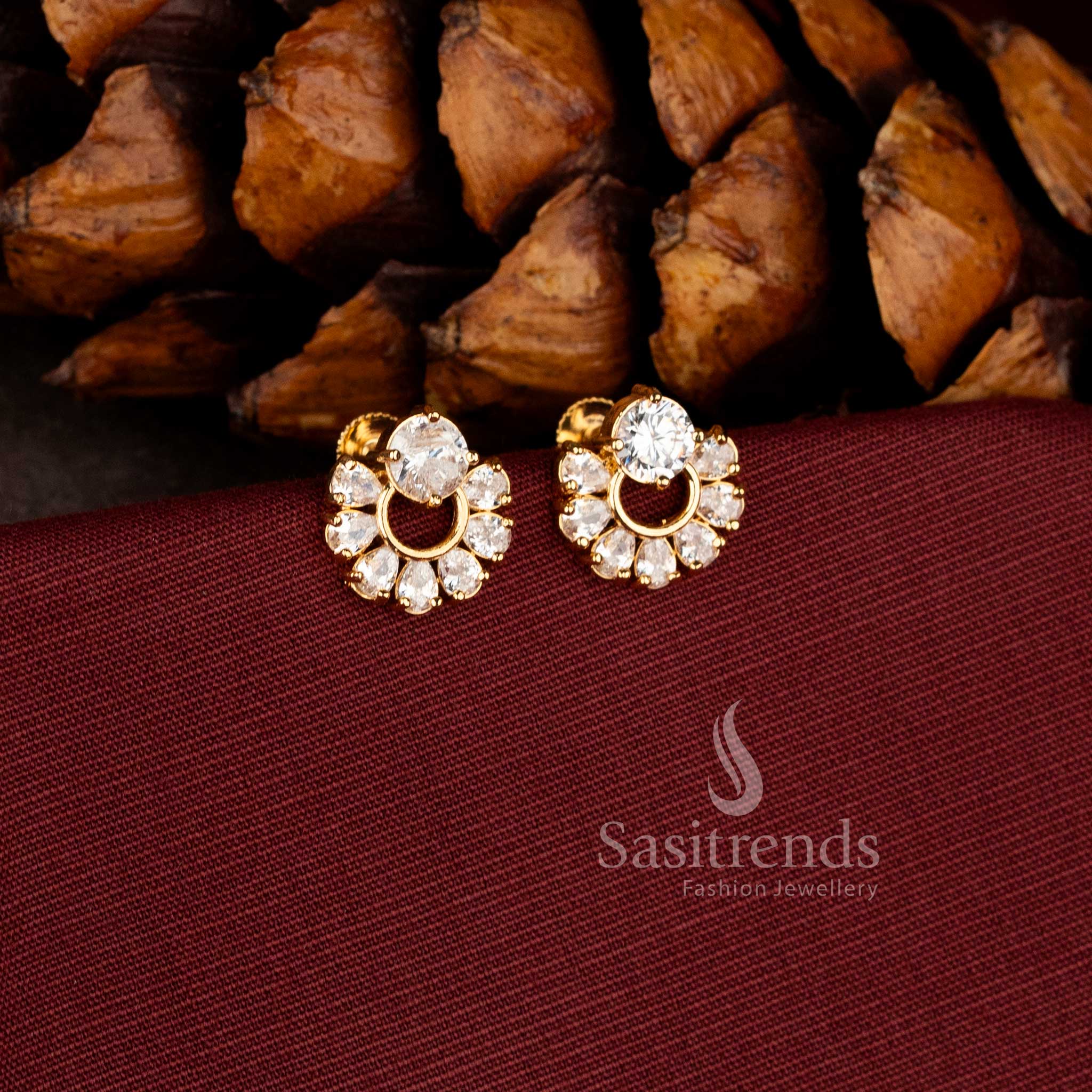 Exquisite micro gold plated white circular stone stud earrings combining twin tone charm for festive wear - Sasitrends