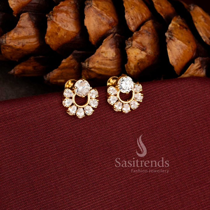 Exquisite micro gold plated white circular stone stud earrings combining twin tone charm for festive wear - Sasitrends