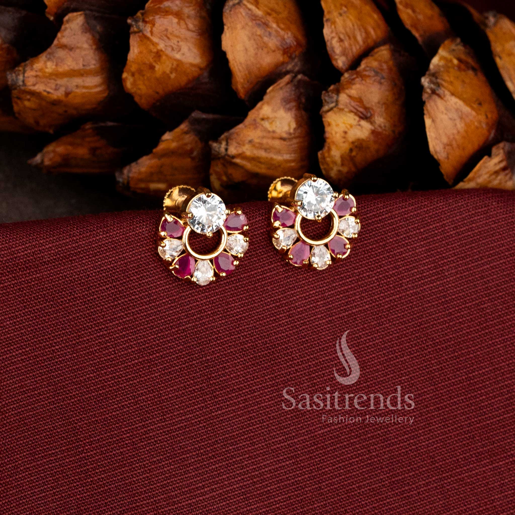 Exquisite micro gold plated white ruby circular stone stud earrings combining twin tone charm for festive wear - Sasitrends