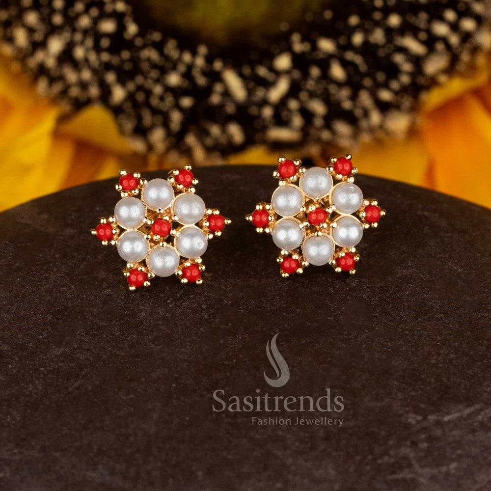 Sasitrends Guaranteed One Gram Micro Gold Plated Hexa Floral Pearl Pavalam Cluster Stud Earrings