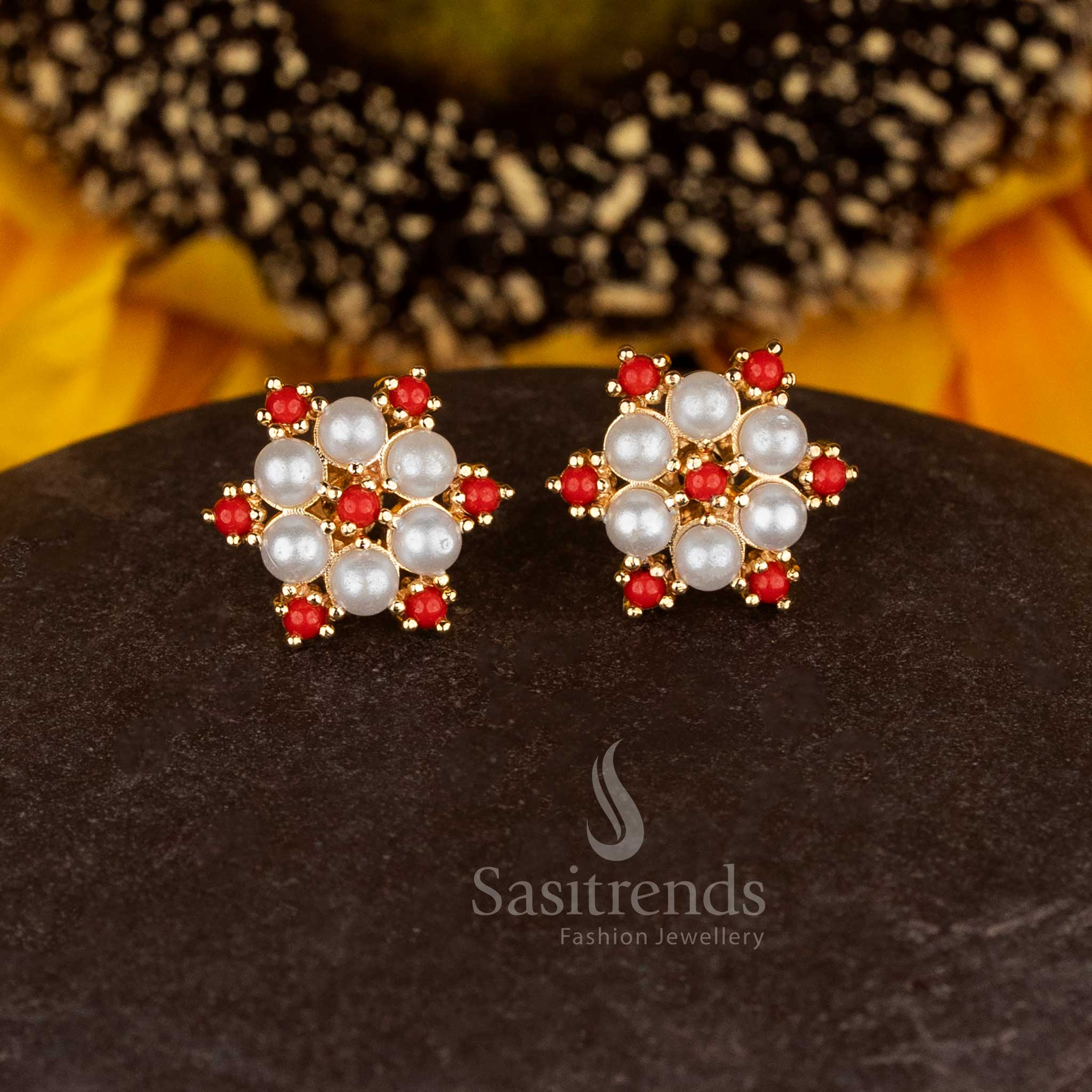 Sasitrends Guaranteed One Gram Micro Gold Plated Hexa Floral Pearl Pavalam Cluster Stud Earrings