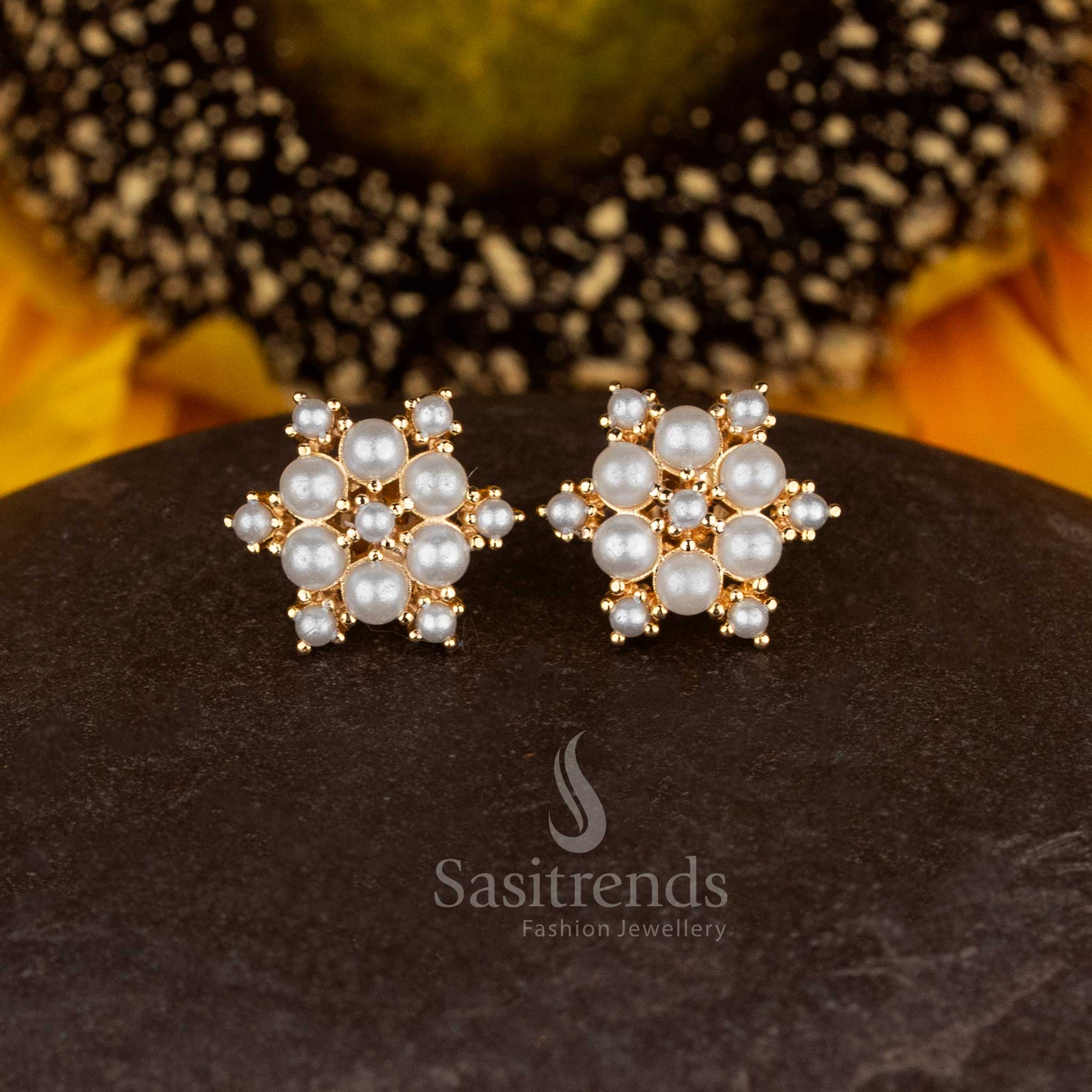 Sasitrends Guaranteed One Gram Micro Gold Plated Hexa Floral Pearl Cluster Stud Earrings