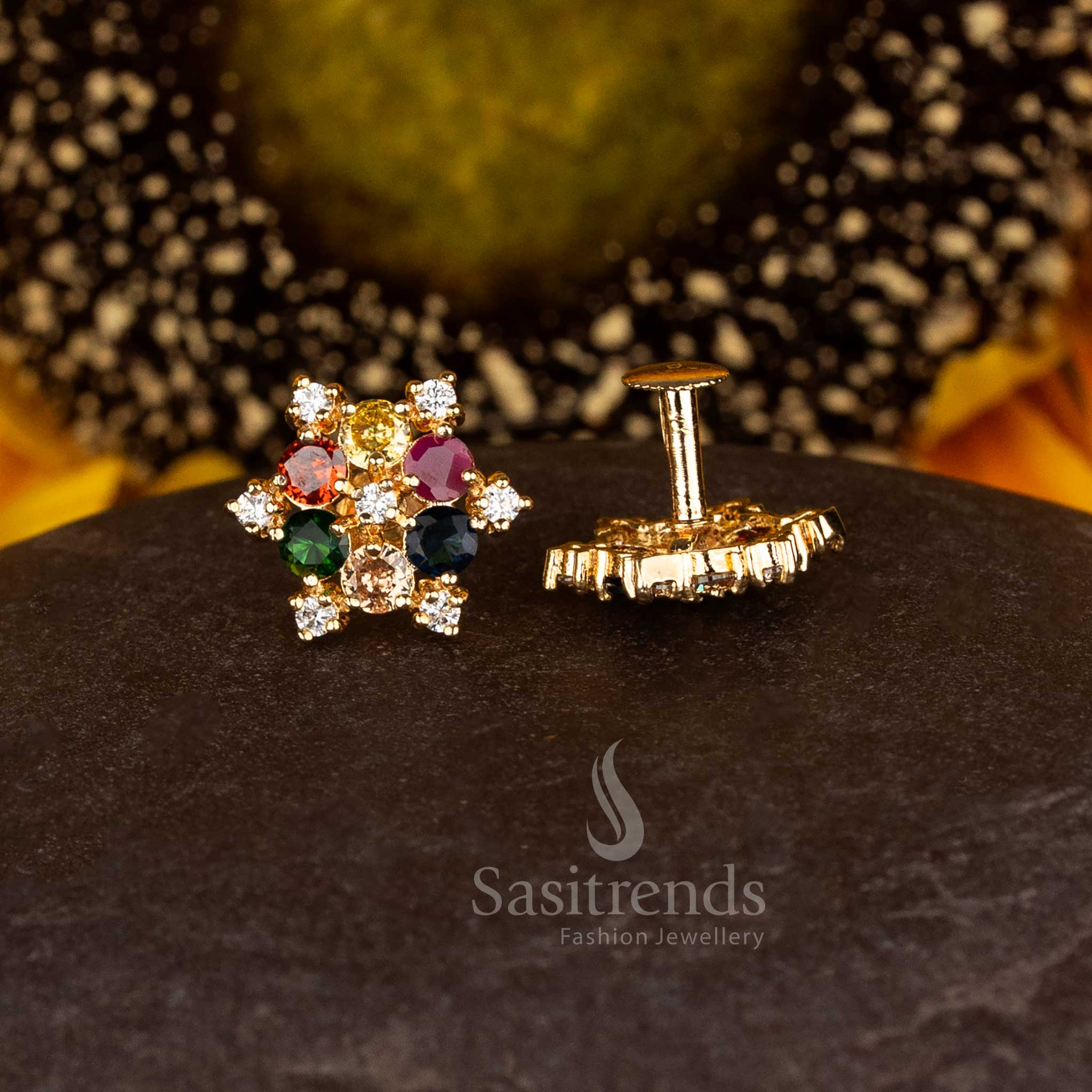 Sasitrends Guaranteed One Gram Micro Gold Plated Hexa Floral Navarathna Cluster Stud Earrings