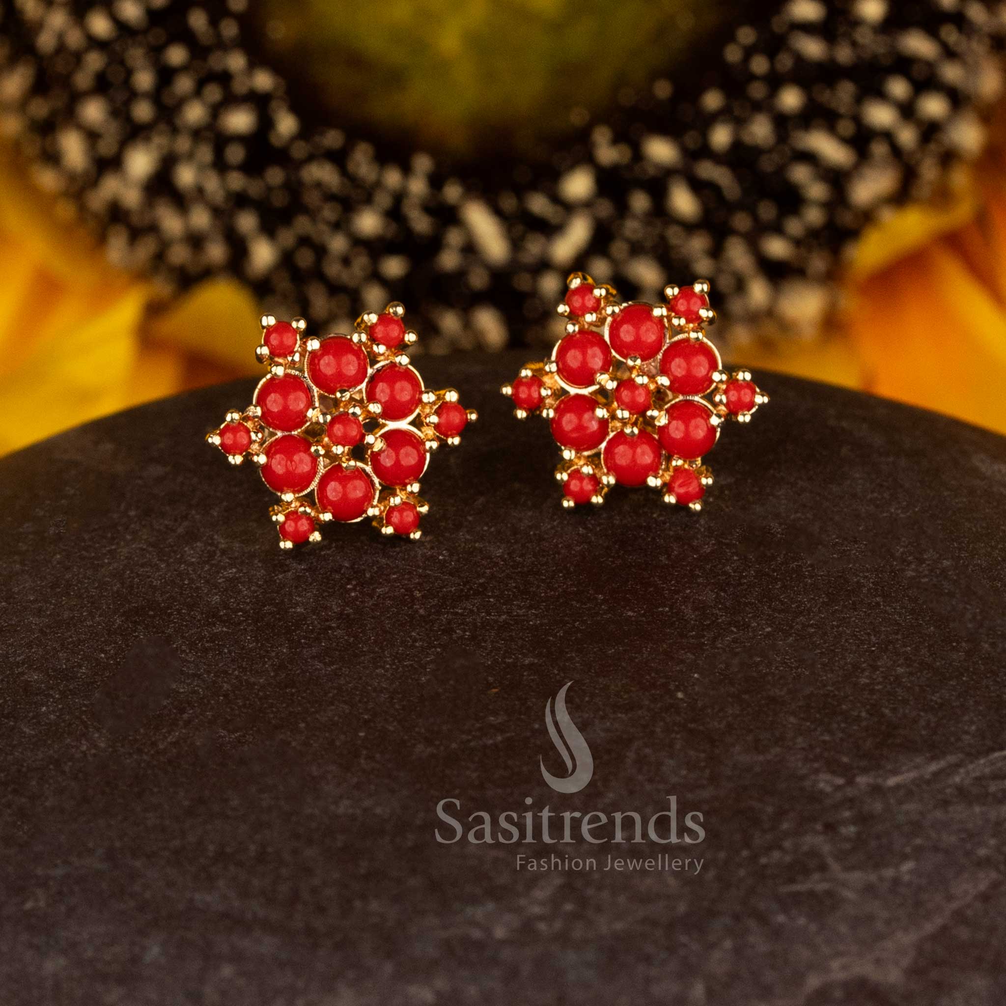 Sasitrends Elegant One Gram Micro Gold Plated Hexa Floral Pavalam Cluster Stud Earrings