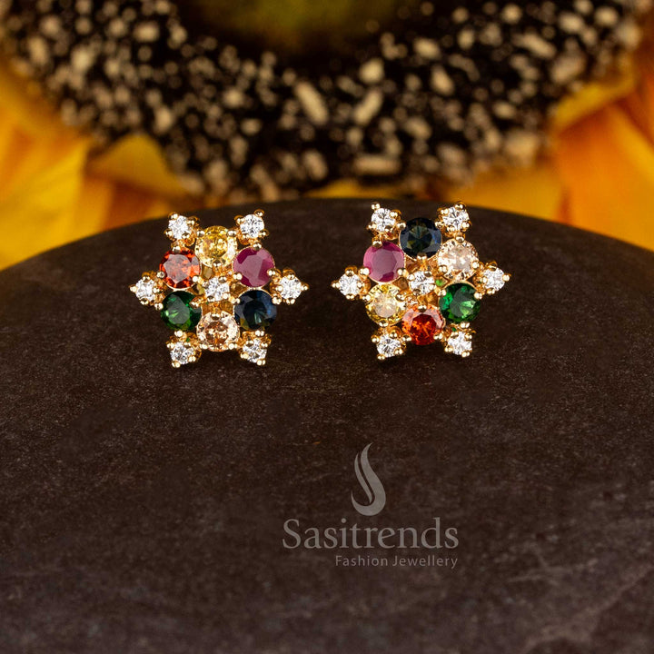 Sasitrends Micro Gold Plated Hexa Floral Navarathna Cluster Stud Earrings