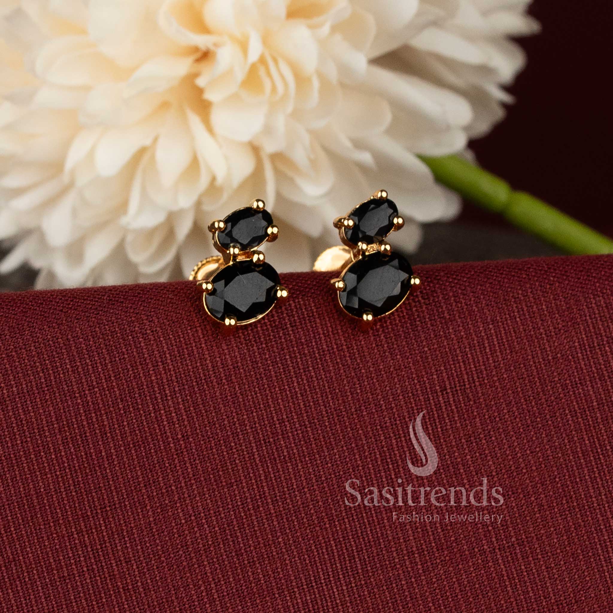 Oval cabochon AD pearl micro gold plated one gram finish earrings with black stone detailing - Sasitrends.