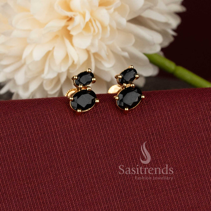Oval cabochon AD pearl micro gold plated one gram finish earrings with black stone detailing - Sasitrends.