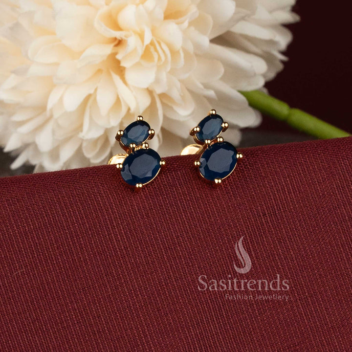 Oval cabochon AD pearl micro gold plated one gram finish earrings with blue stone detailing - Sasitrends.
