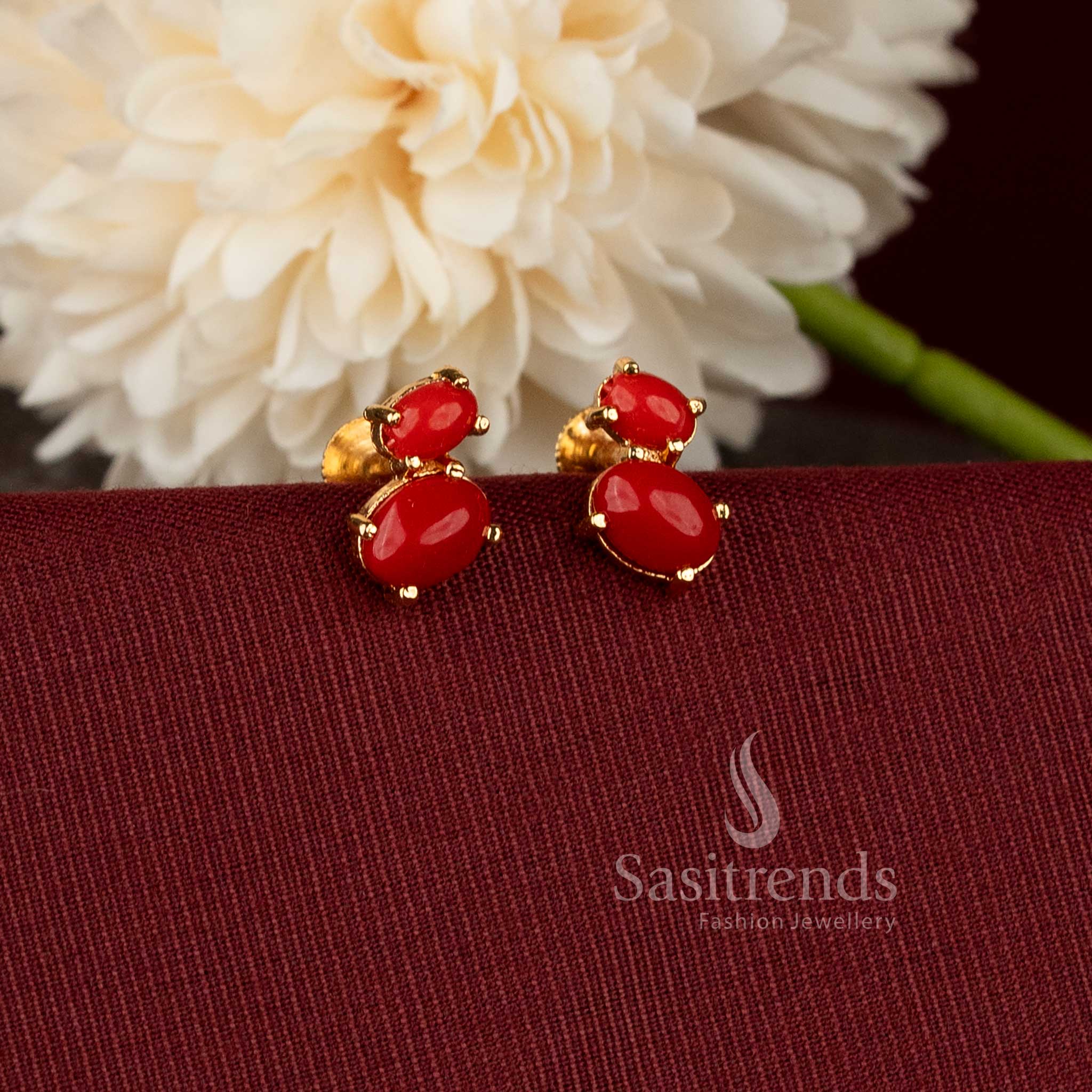 Oval cabochon AD pearl micro gold plated one gram finish earrings with pavalam stone detailing - Sasitrends.