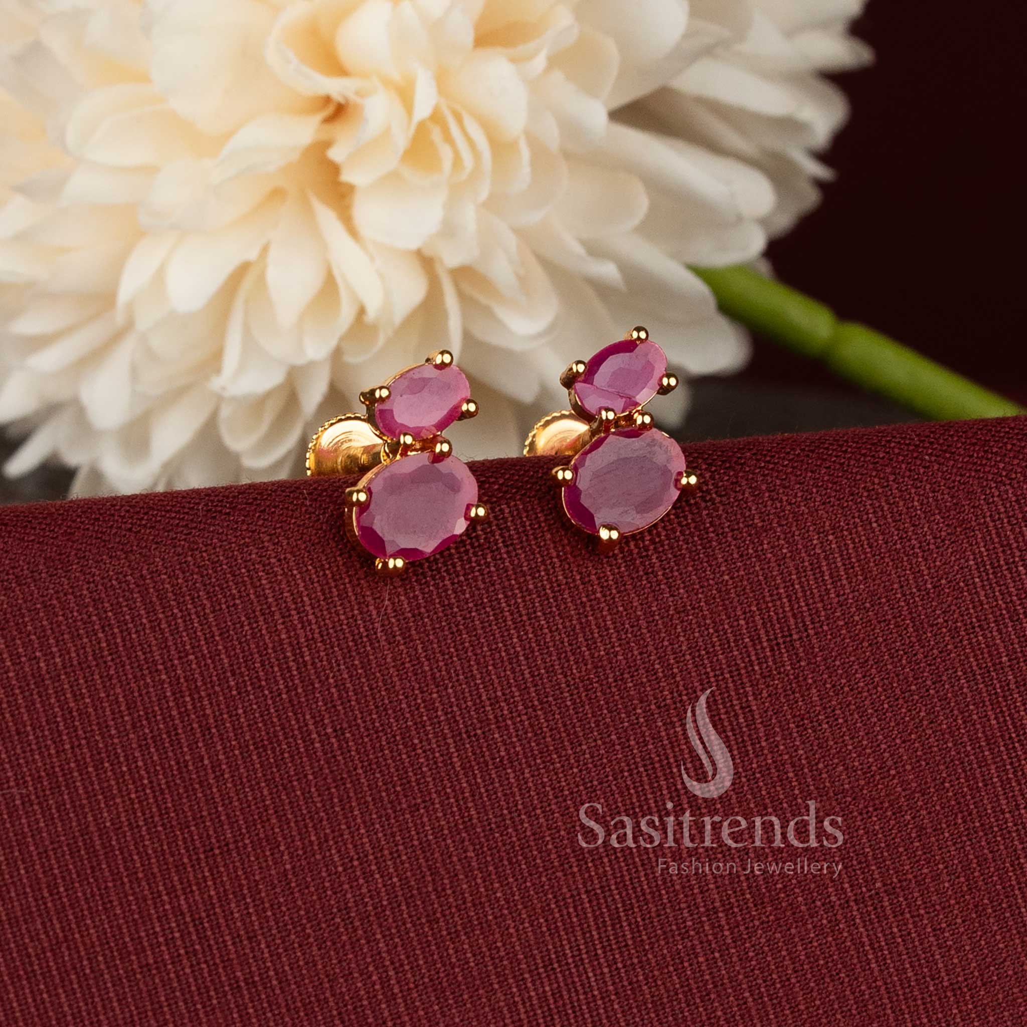 Oval cabochon AD pearl micro gold plated one gram finish earrings with ruby stone detailing - Sasitrends.