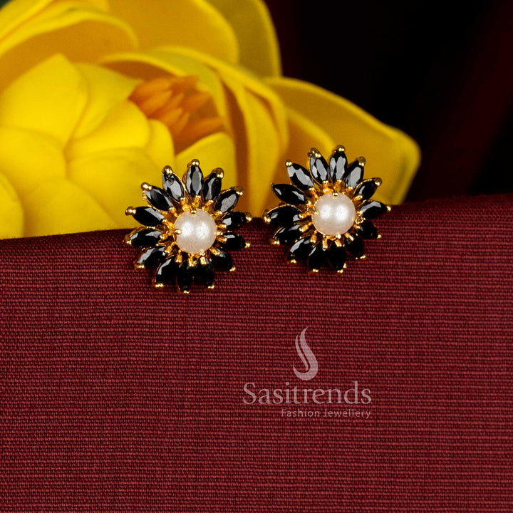Sasitrends guaranteed micro gold plated floral sunburst black AD stone stud earrings with pearl center