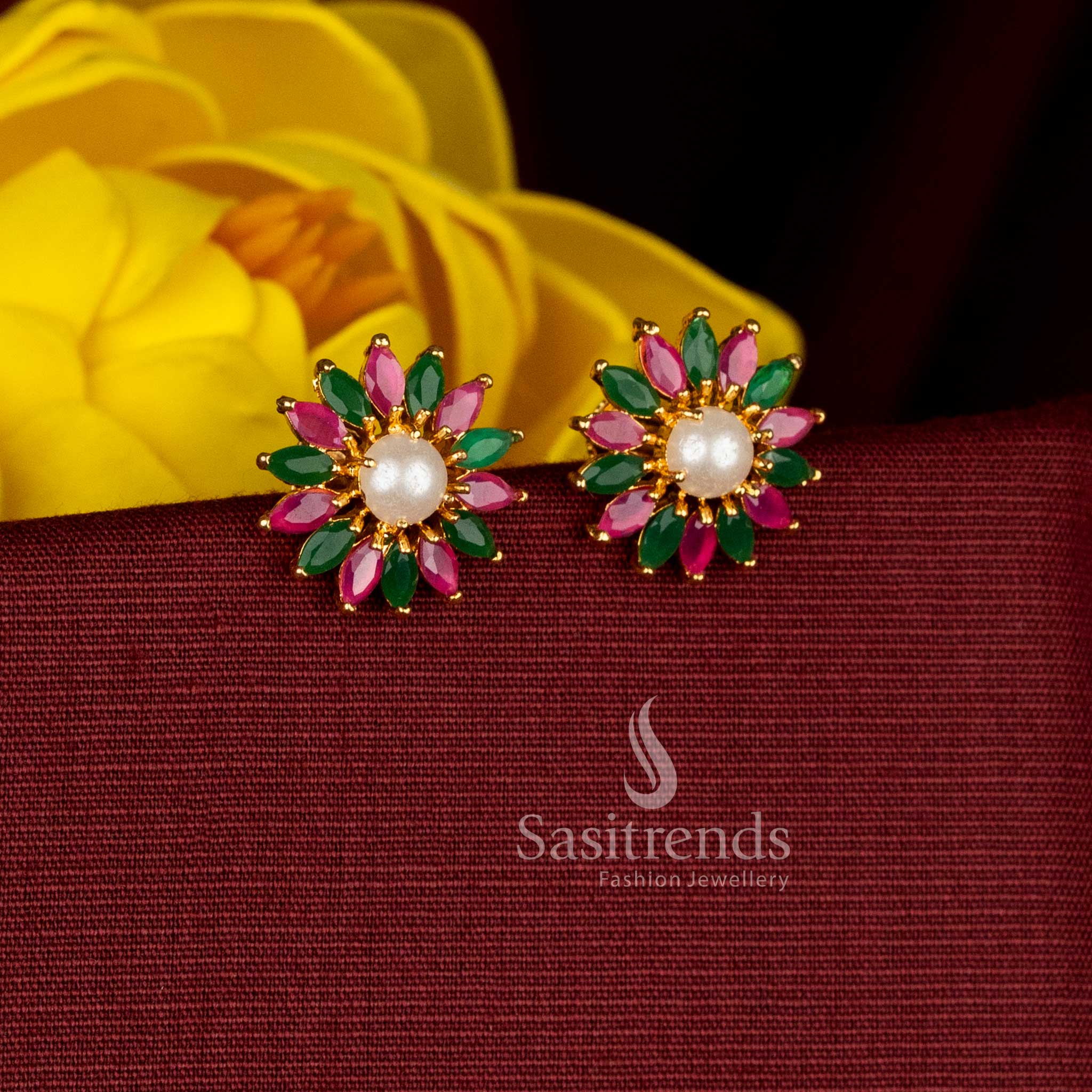 Sasitrends petal cluster floral design ruby green AD stone stud earrings in one gram micro gold plating