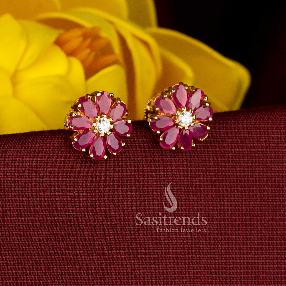 Sasitrends guaranteed one gram micro gold plated layered floral ruby white AD stone stud earrings 