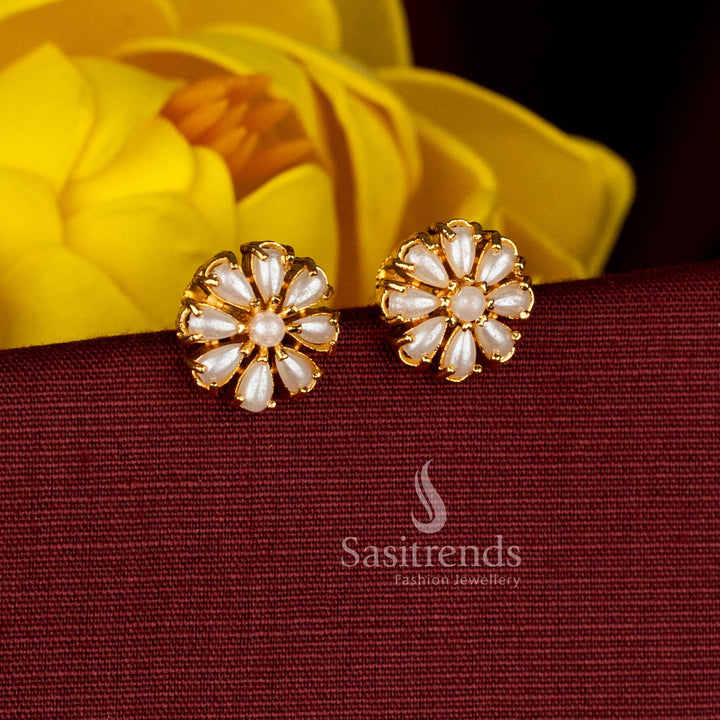 Beautifully Crafted 24K Micro Gold Plated Layered Floral AD Stone Stud Earrings with Sculpted Petal Design and Pearl Center | Festive wear