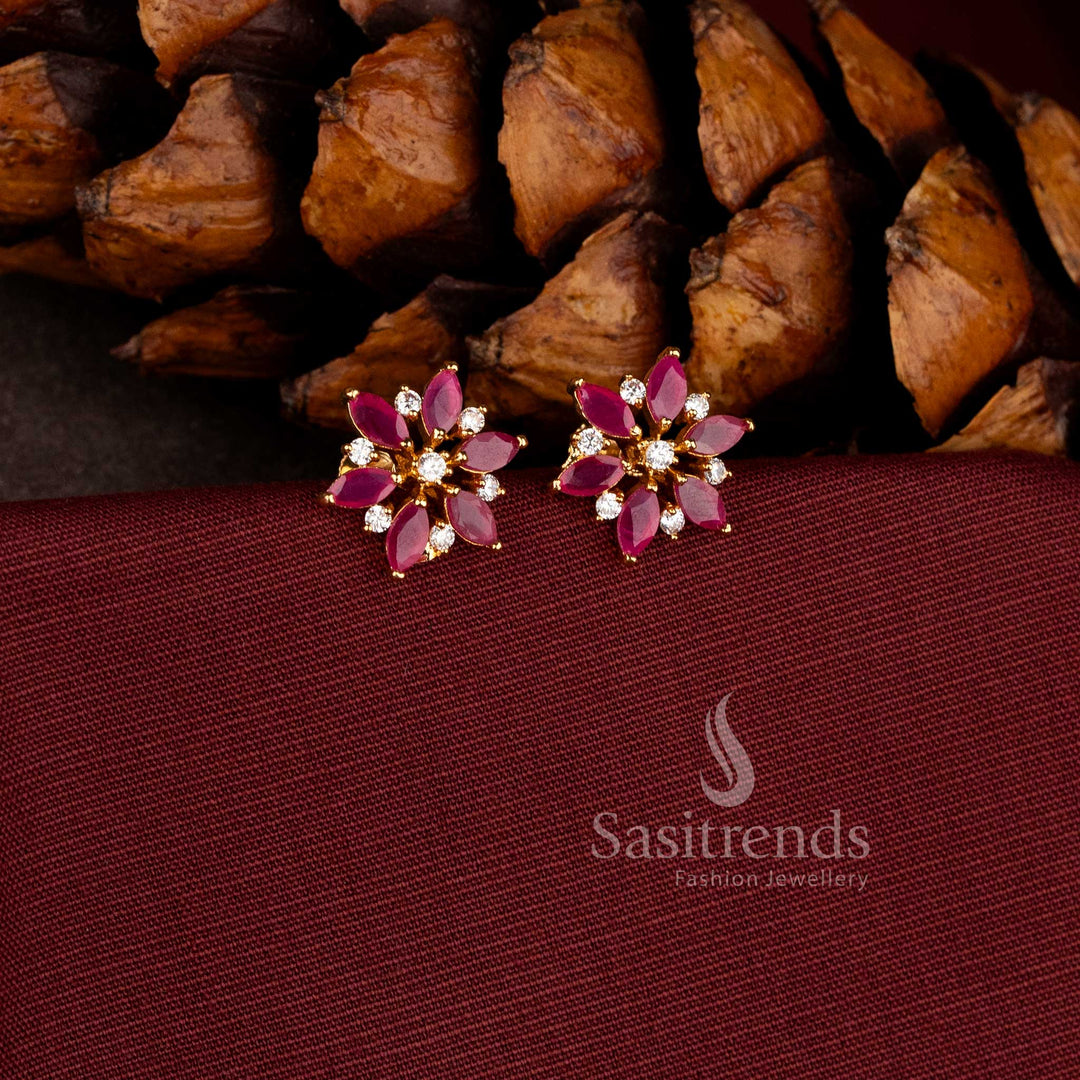 Elegant marquise-cut white stone floral stud earrings with micro gold plating.