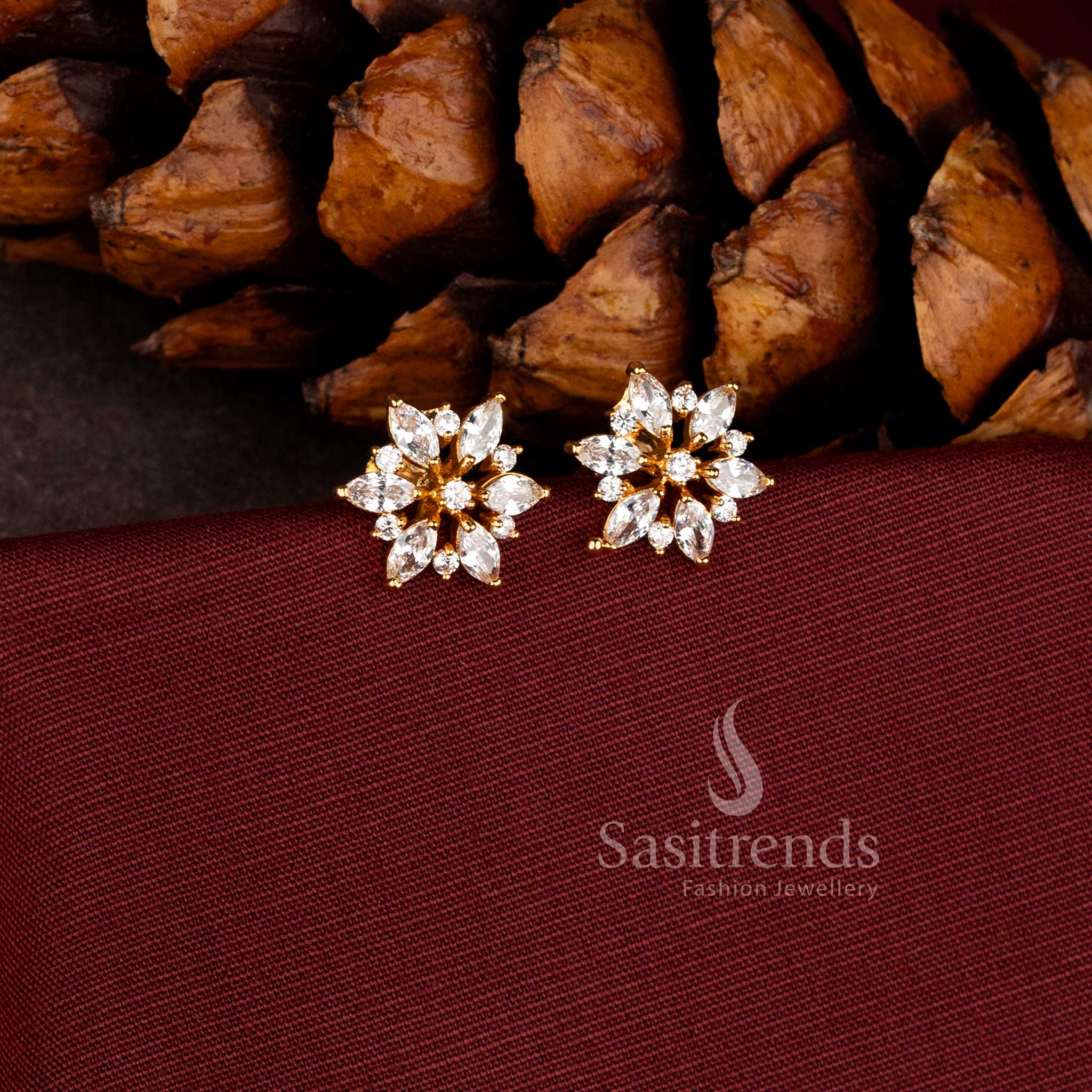 Elegant marquise-cut white stone floral stud earrings with micro gold plating