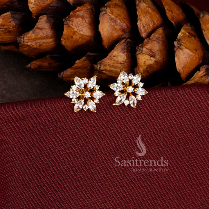 Elegant marquise-cut white stone floral stud earrings with micro gold plating