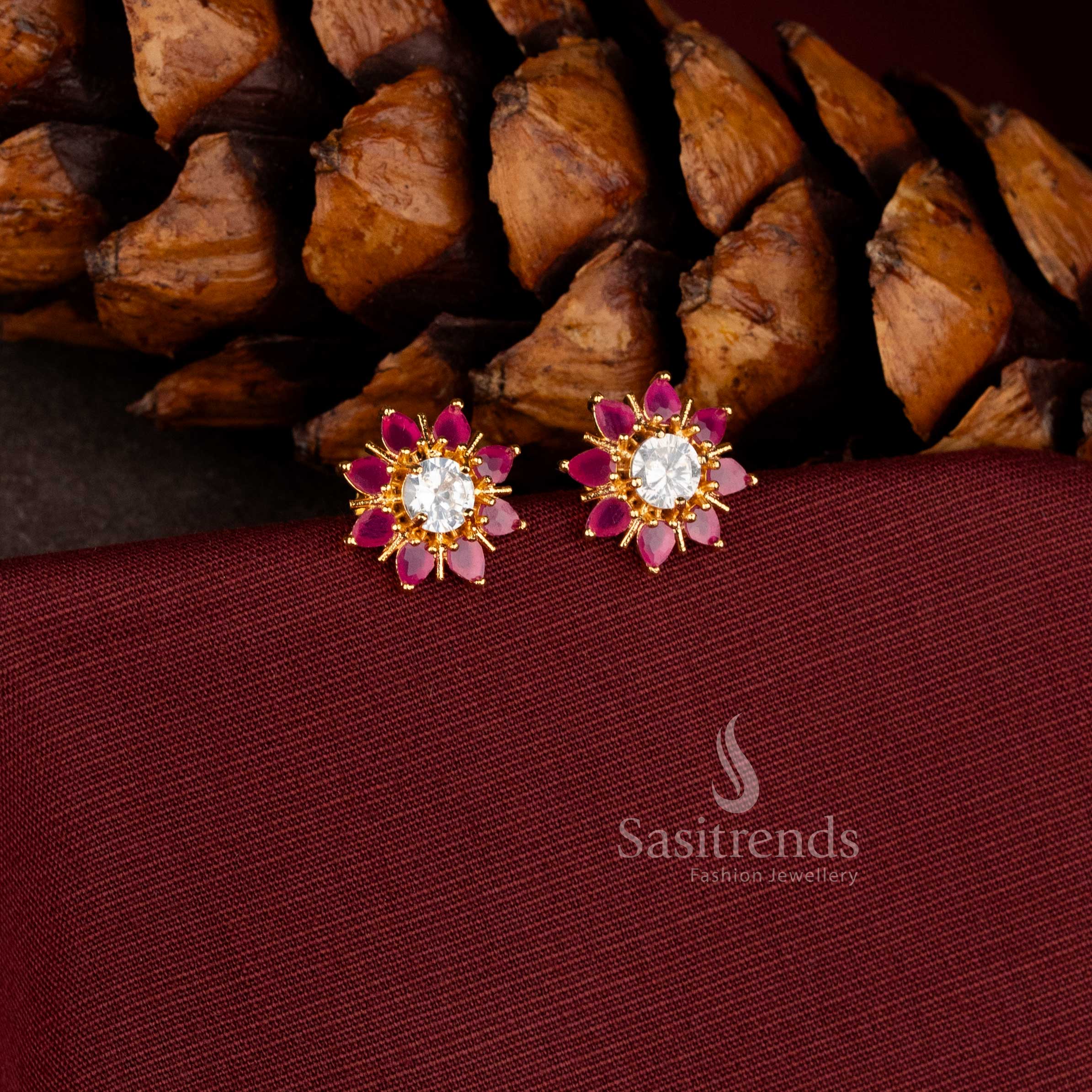 Trendy 24 carat look gold plated floral sunburst earrings for office wear.