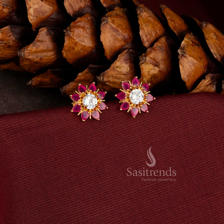 Trendy 24 carat look gold plated floral sunburst earrings for office wear.