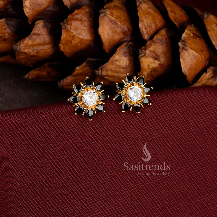 Trendy 24 carat look gold plated floral sunburst earrings for office wear.