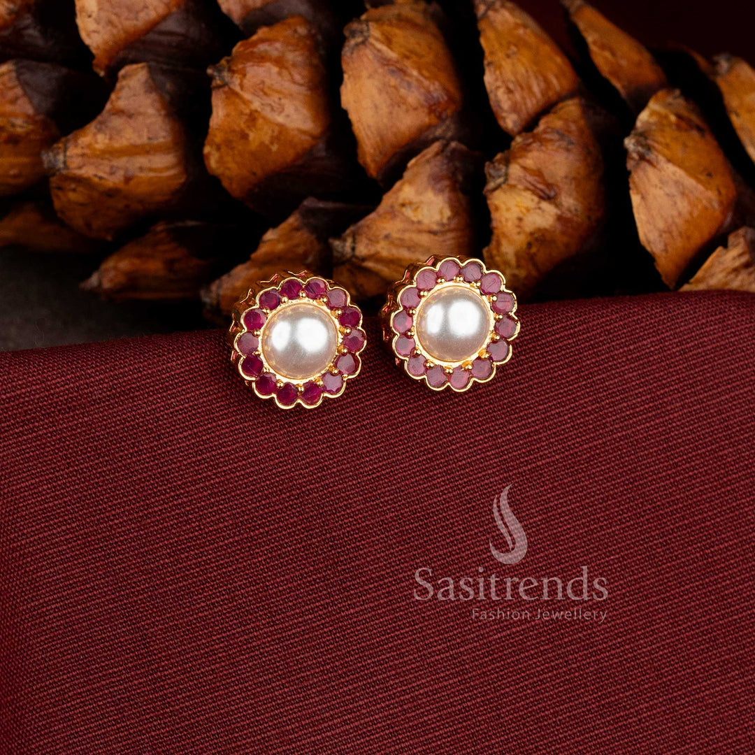 Trendy 24 carat look gold plated pearl floral earrings for ethnic and office wear.