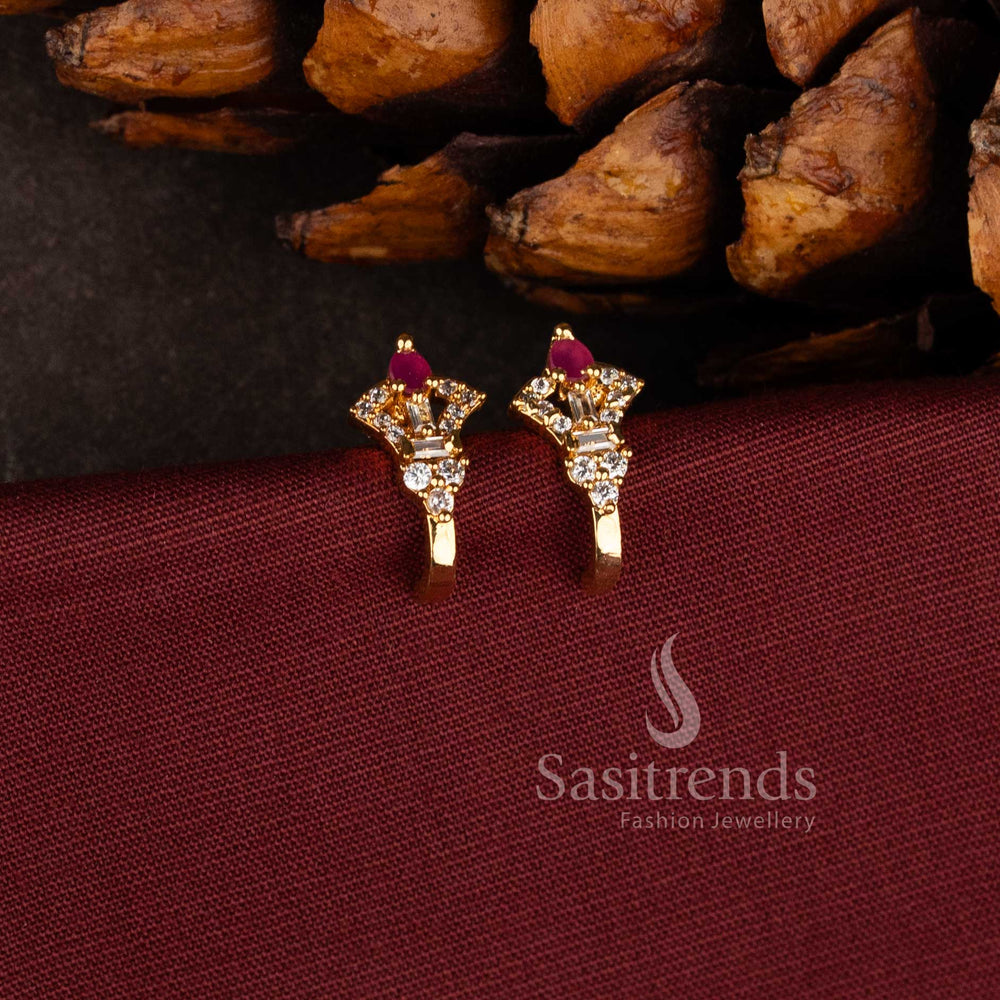 Elegant micro gold plated American Diamond geometric crown stud earrings by Sasitrends.