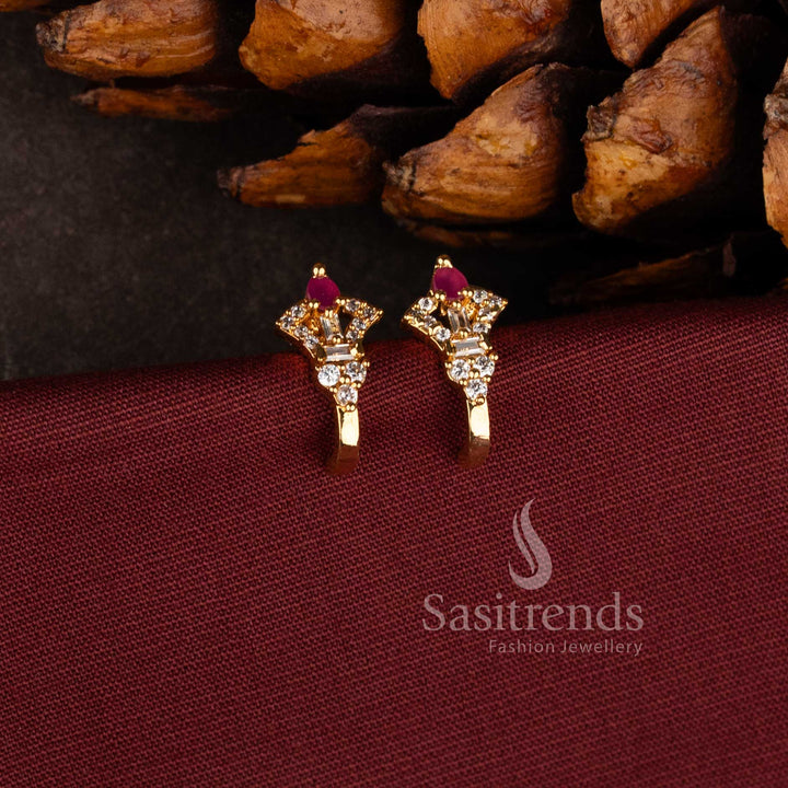 Elegant micro gold plated American Diamond geometric crown stud earrings by Sasitrends.