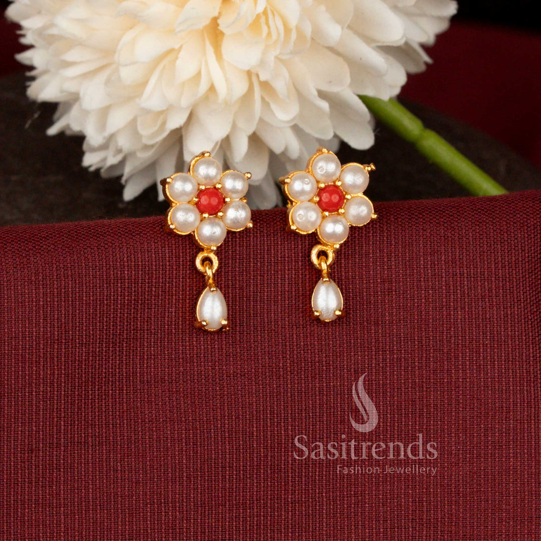 Micro Gold Plated Floral Drop Stud Earrings Featuring Intricate Flower Design for Women - Sasitrends