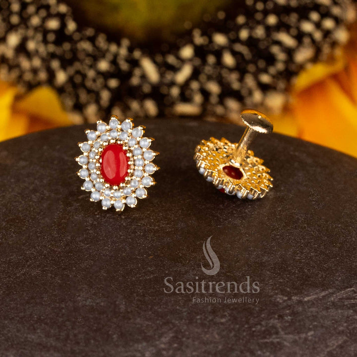 Sasitrends Guaranteed one gram Micro Gold Plated Pearl & Pavalam Oval Motif Floral Stud Earrings