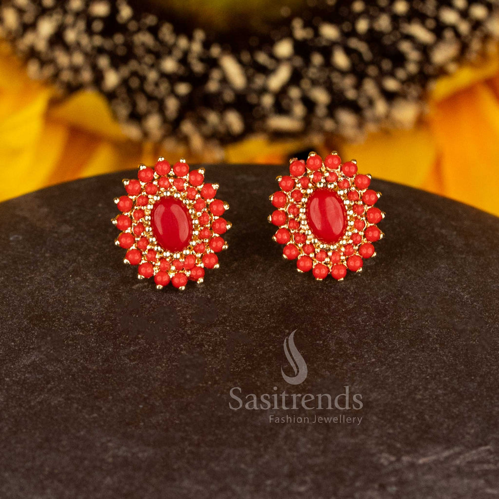 Traditional 24K Look micro gold plated Oval Pavalam Floral Stud Earrings for Saree Wear