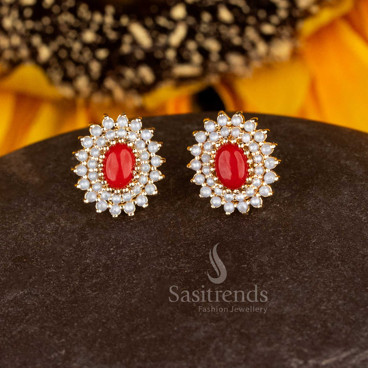 Guaranteed Micro Gold Plated Pearl & Pavalam Oval Motif Floral Stud Earrings