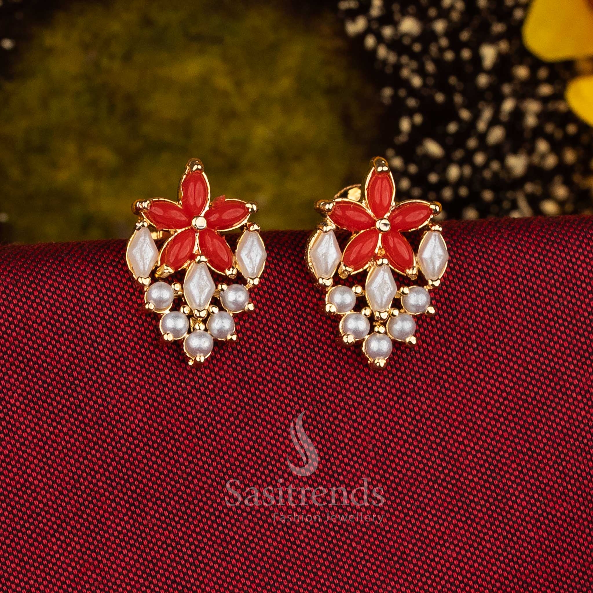 Sasitrends Guaranteed One Gram Micro Gold Plated Floral Drop Motif Pearl Pavalam Stud Earrings